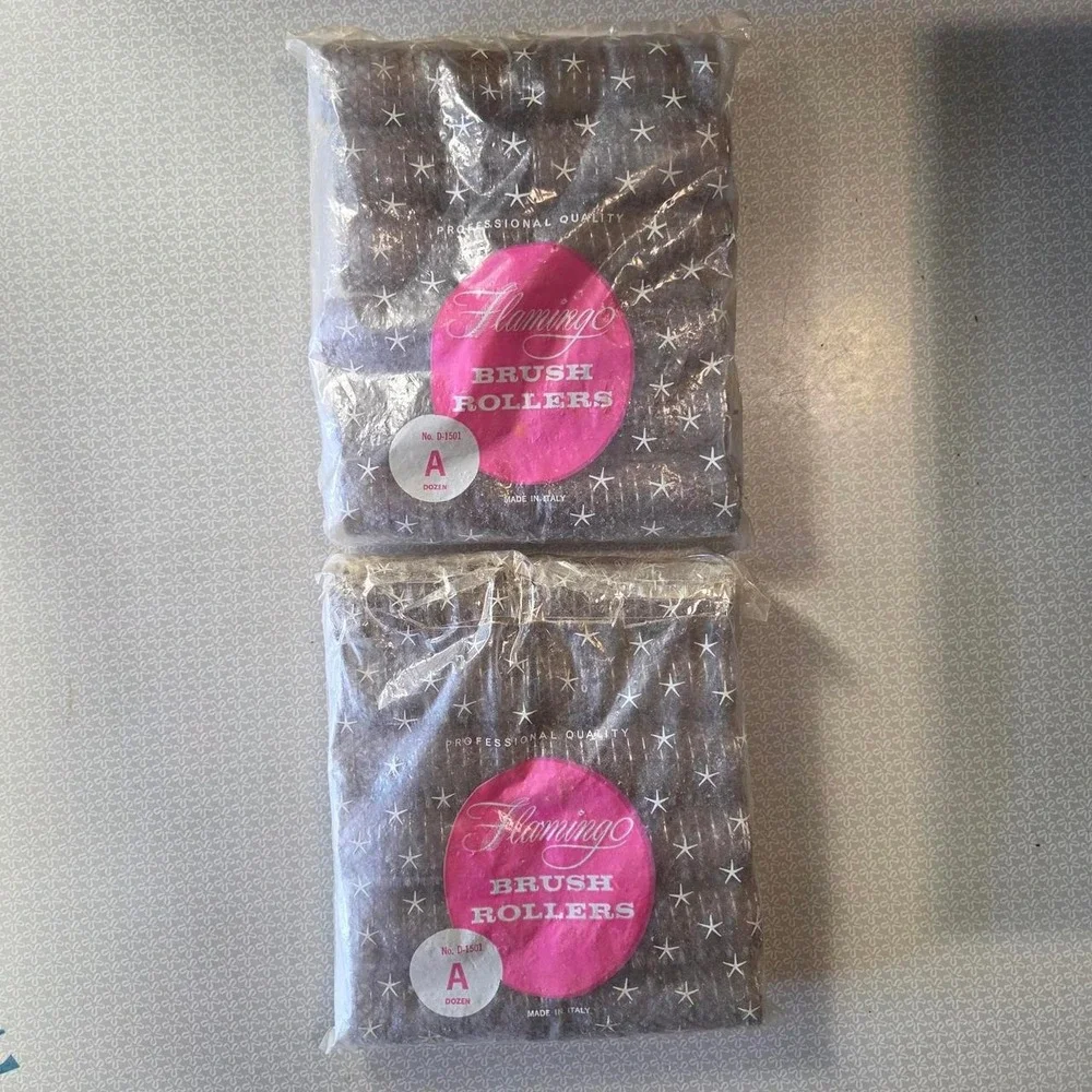Vintage 1970s Flamingo Brush Rollers Made in Italy Grey 24 Count NIP D-1501